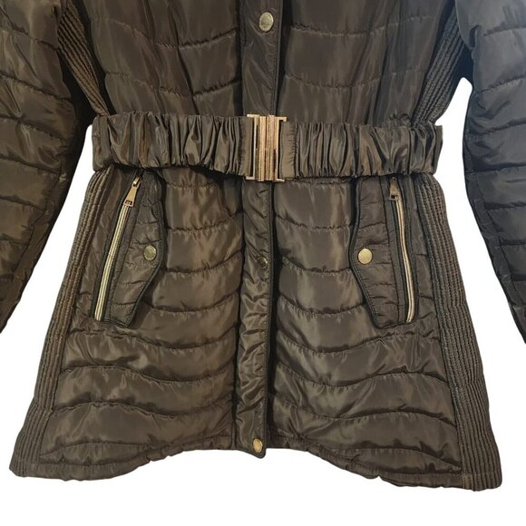Coca Bella Detachable Hooded Faux Fur Belted Jacket Women's Size EG Dark Olive - Picture 3 of 8